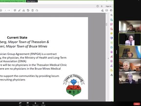 Panelists discuss the ongoing challenges facing Thessalon’s emergency department as well as other problems plaguing rural health care, during a virtual town hall meeting Tuesday evening. Screenshot