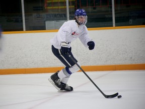 Greater Sudbury Cubs forward Cole Crowder takes part in a drill at Gerry McCrory Countryside Sports Complex in Sudbury, Ontario on Tuesday, April 5, 2022.