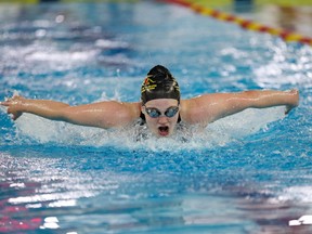 University of Guelph swimmer Abby McDonald won gold medals in both the 100- and 200-metre butterfly at the 2022 OUA swimming championships, March 10-12 in Toronto. A Sudbury native who transferred to Guelph after Laurentian's swim program was cancelled, McDonald also earned a bronze on the relay event.
