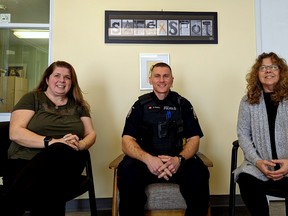As part of an ongoing joint-awareness campaign around domestic violence, Louanne Piper, the Huron-Perth coordinator of the supervised access visitation and exchange program, Stratford police Const. Darren Fischer and Emily Murphy Centre executive director Lisa Wilde discussed how children who have witnessed or experienced domestic violence in the home can safely spend time with parents who are no longer allowed to care for them at one of five supervised-access sites across Huron and Perth counties, one of which is in Stratford. Galen Simmons/The Beacon Herald/Postmedia Network