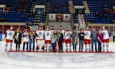The Cornwall Colts honoured the team's graduating players before the start of the game against the Rockland Nationals, on Thursday April 7, 2022 in Cornwall, Ont. Robert Lefebvre/Special to the Cornwall Standard-Freeholder/Postmedia Network