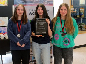 Chloe Rivet, left, Jayda James and Macy Bard, all Grade 9 students at Chippewa Secondary School, were the big winners in the inaugural Panthers Lair business competition.
PJ Wilson/The Nugget