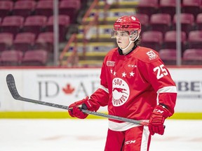 Hounds defenceman Jack Thompson from earlier this season. Thompson scored twice as the Hounds picked up a 5-1 win over the visitng Sudbury Wolves on Saturday night. Thompson is tied with Robert Caslisti for goals by a Greyhounds defenceman this season, both with 21.
