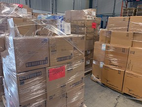 Eight shipping pallets of health-care supplies bound for Ukraine in Kingston. Supplied Photo