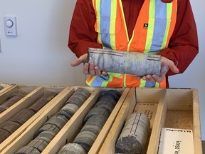 The NWMO completes borehole drilling program in two potential siting areas to ensure safety in deep geological repository. Martin Sykes, NWMO Senior Engineer, shows one of their samples. Hannah MacLeod/Lucknow Sentinel