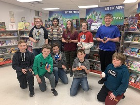 Grade 8 students at Lucknow Central Public School. Top, L-R: Ewan Johnston with "Yoda", Jo Williams with "Tweedle Dee and Tweedle Dum", Tristan Bender with "Harry Potter", Makena Bates with "the Cat in the Hat" and Max Brodreche with "Kermit". Front L-R: Colton Maki with "Darth Vader", Nolan Moffat with "Bart Simpson", Kevin Scott with "Auston Matthews", Ayden James with "Mr. Shark" and Dayson Donaldson with "Humpty Dumpty". Hannah MacLeod/Lucknow Sentinel
