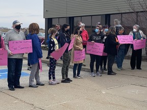 Demonstrators stand outside Kincardine’s municipal office on Monday afternoon.
Hannah MacLeod/Kincardine News