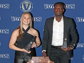 Laurentian Voyageurs rower Abbey Maillet and track athlete Marvin Zongo shone on both the provincial and national stages en route to winning major awards at the university’s year-end athletics ceremony, held Tuesday evening at the Fraser Auditorium in Sudbury. Maillet and Zongo were named as female and male athletes of the year, respectively, while Zongo doubled down as he was named Male Rookie of the Year.