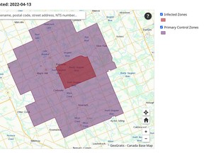 An image from the Canadian Food Inspection Agency's website shows areas outlined as zones to try to contol the spread of bird flu after the disease was confirmed in a West Grey poultry flock near Hanover Wednesday, April 13. (CFIA, screenshot)