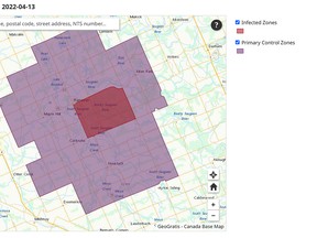 An image from the Canadian Food Inspection Agency's website shows areas outlined as zones to try to contol the spread of bird flu after the disease was confirmed in a West Grey poultry flock near Hanover Wednesday, April 13.
(CFIA, screenshot)