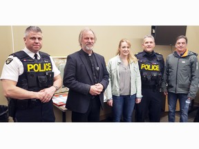 The Equity, Diversity, and Inclusion committee of the Upper Ottawa Valley Detachment of the Ontario Provincial Police recently hosted a chili luncheon to assist with efforts to relocate a refugee family from Jordan to Petawawa. Among the luncheon attendees were (from left) UOV OPP Inspector Steph Neufeld, Rev. Albert Romkema, Jennifer Neville, Sgt. Patrick Smith and Petawawa Deputy Mayor Gary Serviss.