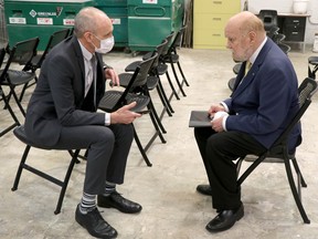 Vice-president academic Colin Kirkwood and President Ron Common speak following a provincial funding announcement for Sault College's mechatronics engineering program on Thursday, April 14, 2022 in Sault Ste. Marie, Ont. (BRIAN KELLY/THE SAULT STAR/POSTMEDIA NETWORK)