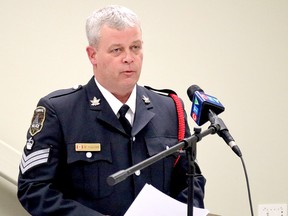 Staff Sgt. Marc Vallier, of Timmins Police Service, addresses the media during a news conference Thursday afternoon to announce a significant seizure of drugs, weapons, cash and other contraband. ANDREW AUTIO/THE DAILY PRESS