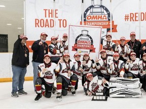 The South Huron Sabres U13 team are all-Ontario champs after going undefeated at the OMHA championship weekend in Barrie. Pictured in front lying down is Ethan Skillen, while in the middle row from left are Matteo Serapiglia, Brody Brown, Cole Smale, Even MacCuspey, Drew Kramer, Brock Hoffman, Adam Regier, Austin Hartman and Will Brown; back from left are assistant coach Brad Brown, head coach Derek McLaughlin, Cohen Skinner, Carson Vandenbussche, Basil McLaughlin, Reid Barton, assistant trainer Cam Barton, trainer Darryl Smale, and assistant coach Adam Skillen.