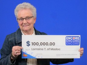 Lorraine Trotter of Madoc won $100,000 after she matched the last six of seven ENCORE numbers in exact order in the March 12, 2022 LOTTO 6/49 draw.