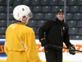 Kingston Frontenacs head coach Luca Caputi talks to players during practice at the Leon’s Centre on Wednesday. Game 1 of their Ontario Hockey League Eastern Conference quarter-final against the Oshawa Generals is scheduled for Friday at 7 p.m. at the Leon's Centre.
