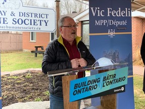 Powassan Deputy Mayor Randy Hall speaks to local media Tuesday about the $252,208 funding announcement to improve drinking water infrastructure. The money will be used to replace a water main on Queen Avenue in Powassan.
