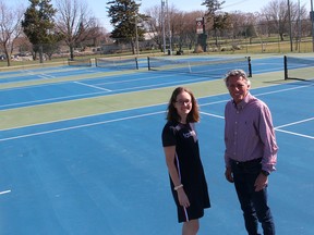 Stephanie Chapados and Coun. Michael Bondy hope to see the Doug Allin Tennis Courts covered during the winter so people can enjoy the sport, along with pickeball, year-round. Ellwood Shreve/Postmedia