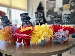 Grade 5 students at Southpointe School in Fort Saskatchewan crafter flowers for every employee in the school. Photo Supplied.