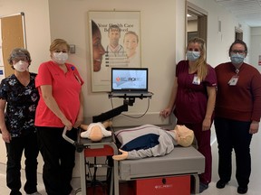 Nursing staff at SBGHC’s Kincardine site completing RQI simulation training. L-R: Shelley Bridge, RN, Laurie Pagett, Charge Nurse, Lisa Nywening, RPN and Brittany Haines, Patient Care Manager. SUBMITTED
