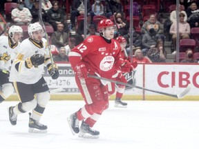 Soo Greyhounds forward Tye Kartye in OHL regular season action against the Sarnia Sting. The Hounds open the first round of the playoffs against the Guelph Storm on Thursday night. Puck drop is 7:07 p.m.