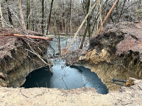 This is the scene at the rear of Tom Edwards’ property on Silver Hill Side Road southeast of Langton. Since the Ministry of Natural Resources capped a relief vent along the banks of Big Creek in 2015, toxic water and hydrogen sulphide gas have been spewing from abandoned gas wells in the Silver Hill area. Residents fear a pending capping exercise on a toxic gas well on Forestry Farm Road will create problems like this on their property that the province will order them to correct at enormous cost to themselves. – Contributed photo