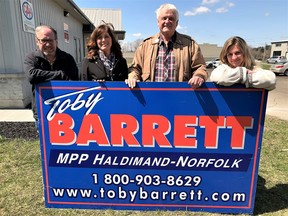 Haldimand-Norfolk MPP Toby Barrett, second from right, thanked riding constituents Wednesday for 27 fascinating years speaking on their behalf at Queen’s Park. Haldimand Mayor Ken Hewitt confirmed Wednesday that he will be the Progressive Conservative candidate in Haldimand-Norfolk on the June 2 provincial ballot. With Barrett, from left, is constituency assistant Jeff Helsdon, constituency assistant Samantha Hamm, and Barrett’s executive assistant at right Bobbi Ann Brady. – Monte Sonnenberg