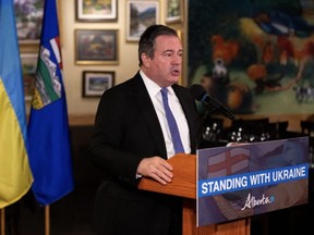 Alberta Premier Jason Kenney announces more supports for Ukrainians arriving in the province at a new conference in St. Albert on Wednesday, April 20. IAN KUCERAK/Postmedia