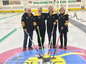 From left to right, Spruce Grove's Michael Wilson (lead), Pat Beaudoin (second), John Dietrich (third), and Diane Hardstaff (skip) of team Black Gold Yellowhead won the silver medal in mixed curling at the 55+ Alberta Winter Games in Edmonton over the weekend of Apr. 9–10. Photo supplied.