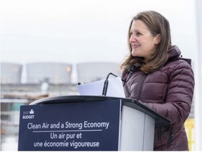 Deputy Prime Minister Chrystia Freeland speaks at a media event at Alberta Carbon Conversion Technology Centre in Calgary on April 14. AZIN GHAFFARI/POSTMEDIA