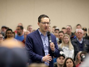 Conservative leadership candidate Pierre Poilievre speaks to supporters during an event in Sudbury, Ontario on Saturday, April 23, 2022.