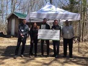 From left,  Mike Hendren, Regional Vice President - Ontario, NCC; Esme Batten, Program Director - Midwestern Ontario, NCC; Jacob Kloeze, Coordinator, Conservation Biology - Saugeen Bruce Peninsula; MPP Bill Walker and Ontario Trillium Foundation Representative, Dan Snow take part in an Earth Day event to mark a Trillium Foundation grant to fight invasive species on the SAugeen Bruce Peninsula.
(Nature Conservancy of Canada photo)