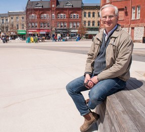 Bill James-Abra is the co-founder of Climate Momentum, a group of volunteer climate advocates in Stratford.  The group's next event, a Street Party in Market Square, takes place Saturday afternoon.  (Chris Montanini/Stratford Beacon Herald)