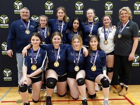 The North Bay Youth Volleyball Club - Laker's U16 Girls team includes, back row from left, Andy Davis (assistant coach), Isabelle Ranger, Grace Way-White, Asia Lucas, Abbey Mason, Kaylnn Levac, Chris Davis (head coach) and, front row from left, Kendra Rochefort, Paige Davis, Tianna Buzila, Megan Braceland.
Submitted Photo