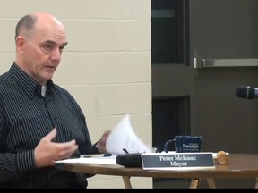 Powassan Mayor Peter McIsaac explains to council the municipality can't afford a $72,000 contribution as its share of a $400,000 annual budget to remain part of the Almaguin Community Economic Development agency in 2023.
Screen capture
