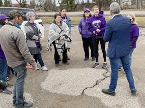 Sault MPP Ross Romano speaks to some members of Save Our Young Adults (SOYA), a citizen's advocacy group, following his announcement Monday that a nearly $20 million investment will be made to develop a residential withdrawal management facility in Sault Ste. Marie.   ELAINE DELLA-MATTIA