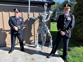 Veteran Waterford fire captain Gary Lomas, left, and veteran fire chief Bill Brewer served Waterford and surrounding area for a combined 92 years. Both step down from Norfolk Station 3 in Waterford May 1. – Monte Sonnenberg