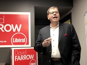 David Farrow, Liberal candidate for Sudbury in the June 2 provincial election, speaks to supporters while opening his campaign office in downtown Sudbury on Saturday, April 23, 2022.