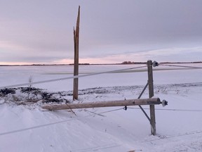 Damage to power lines in areas of southwestern Manitoba over the weekend led to wide-scale power outages in some areas, including in the city of Dauphin. Manitoba Hydro photo