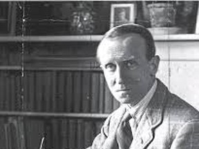 •	John Buchan takes time from writing to look at the photographer’s camera, sternly, as usual. Imagine him walking throughout the country he loved so well and about which he wrote so eloquently, such as this except from In Blanket of the Dark –“The place was quiet. It had the scent of all woodland places in high summer – mosses, lush foliage, moist earth, which has had the odours drawn out by a strong sun.”