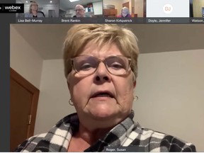 Sue Roger speaks to Sault Area Hospital’s virtual board of directors meeting Monday evening. The facility’s vice-president clinical operations and chief nursing executive applauds the province’s decision to continue mandatory face covering for health-care settings. Screenshot