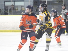 From left to right: Soo Thunderbirds forward Kelsey Ouellet, Soo Eagles defender Sam Holy and Thunderbirds forward Michael Chaffay in NOJHL action at the John Rhodes Community Centre. Chaffay netted a hat-trick in game three of the series versus the Eagles and bagged two more goals in the series clincher on Saturday night.