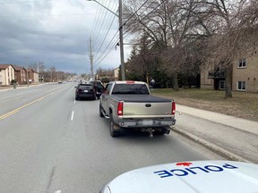 Greater Sudbury Police pull over two pickups on Sunday afternoon after they were observed racing from a stoplight on Barrydowne Road.