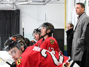 Ryan Bonfield, shown here in the foreground on the Brockville bench in Hawkesbury on Wednesday, scored the only goal of the night in the Braves' 1-0 win against the Hawks in game three of their CCHL semi-final series. Doug Petepiece Photo
