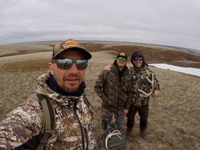 Jeff Gustafson, Matt Goldamer and Chad Reynolds having some fun hiking in Saskatchewan over the weekend. Photo by Jeff Gustafson