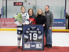 Sherwood Park’s Anna Purschke (left) was honoured by Mount Royal University for her tremendous college career. Among those with her was her grandmother, who was wearing her Team Canada jersey. Photo supplied