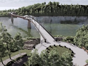 During the latest council meeting on Tuesday, April 26, Strathcona County council approved a budget increase of $6.3M from municipal reserves to support the River Valley Alliance pedestrian footbridge, which will be built over the North Saskatchewan River connecting Edmonton and Strathcona County.  In total, the county has pledged $12.3M towards the $41-million-plus bridge. Graphic Supplied