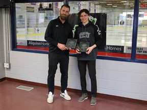 PAC Saints U15 AAA forward Brett Olson (right) is presented with two AEHL Awards from Chris Budwick, U15 AAA North Conference Director (left) on Wednesday, Apr. 20, at Grant Fuhr Arena. Photo by Rudy Howell/Postmedia.