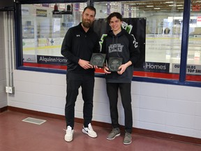 PAC Saints U15 AAA forward Brett Olson (right) is presented with two AEHL Awards from Chris Budwick, U15 AAA North Conference Director (left) on Wednesday, Apr. 20, at Grant Fuhr Arena. Photo by Rudy Howell/Postmedia.