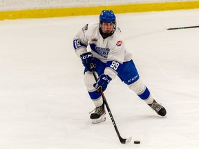 Nathan Villeneuve is action with the Navan Grads U18 AAA hockey team in 2021-22.